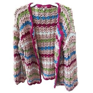 Bailey Rose Sweater Women L Pink Multicolor Chunky Knit Cardigan Warm Open Front
